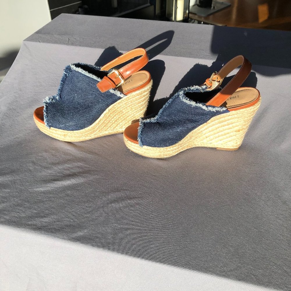 Indigo Rd. Denim Blue Canvas Peep Toe Slingback Espadrille Rope Wedge Sandals